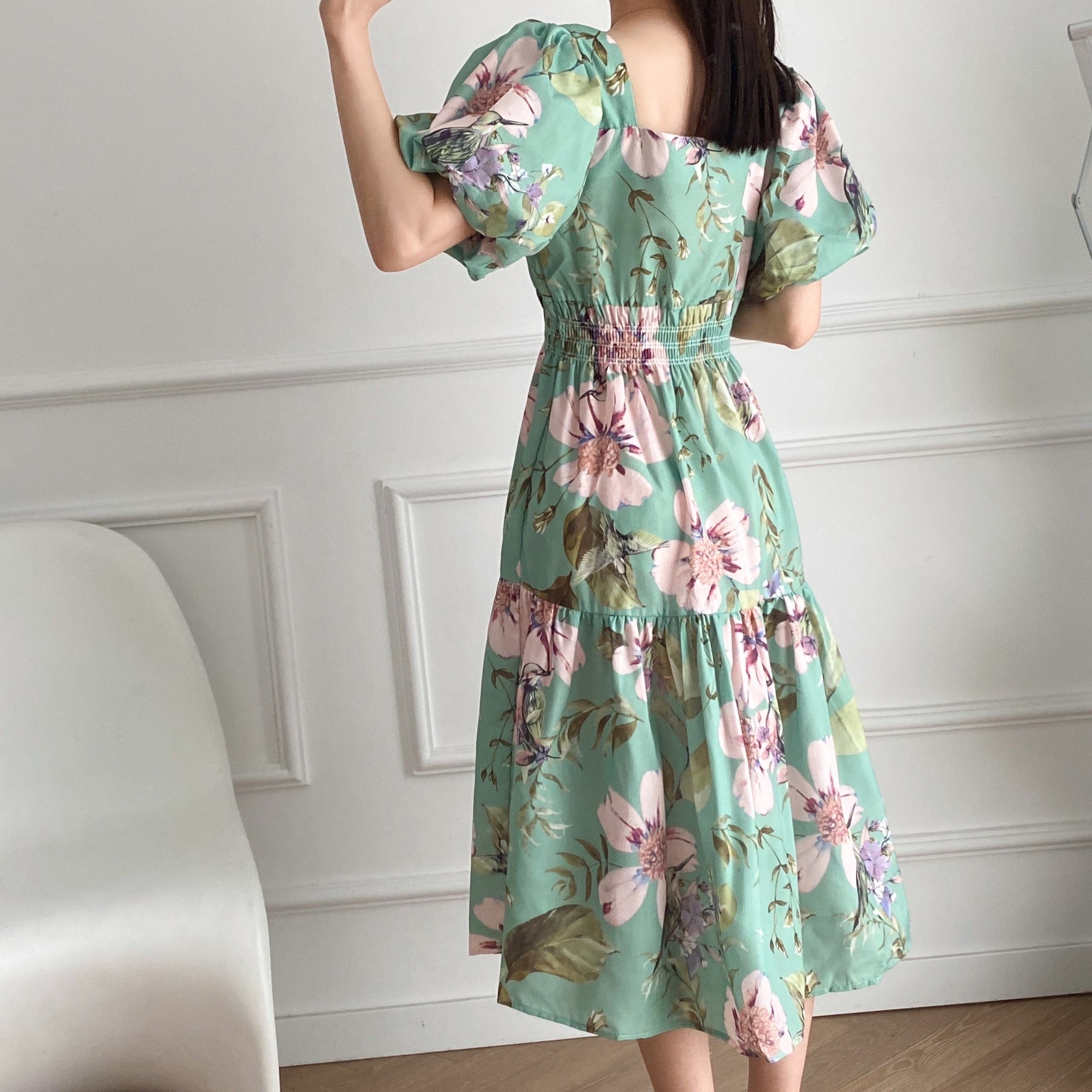 Floral Puff Sleeve Square Neckline Flounce Babydoll Dress
