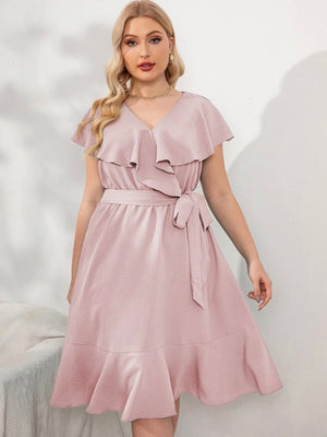 Cape Shoulder Ruffle Hem Self Belt Plus Size Dress