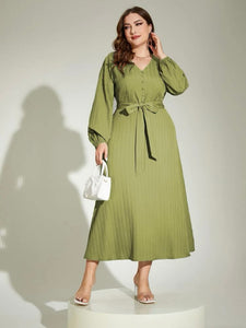 V-neck Long Sleeve Self Belt Front Buttons Plus Size Dress