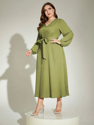 V-neck Long Sleeve Self Belt Front Buttons Plus Size Dress