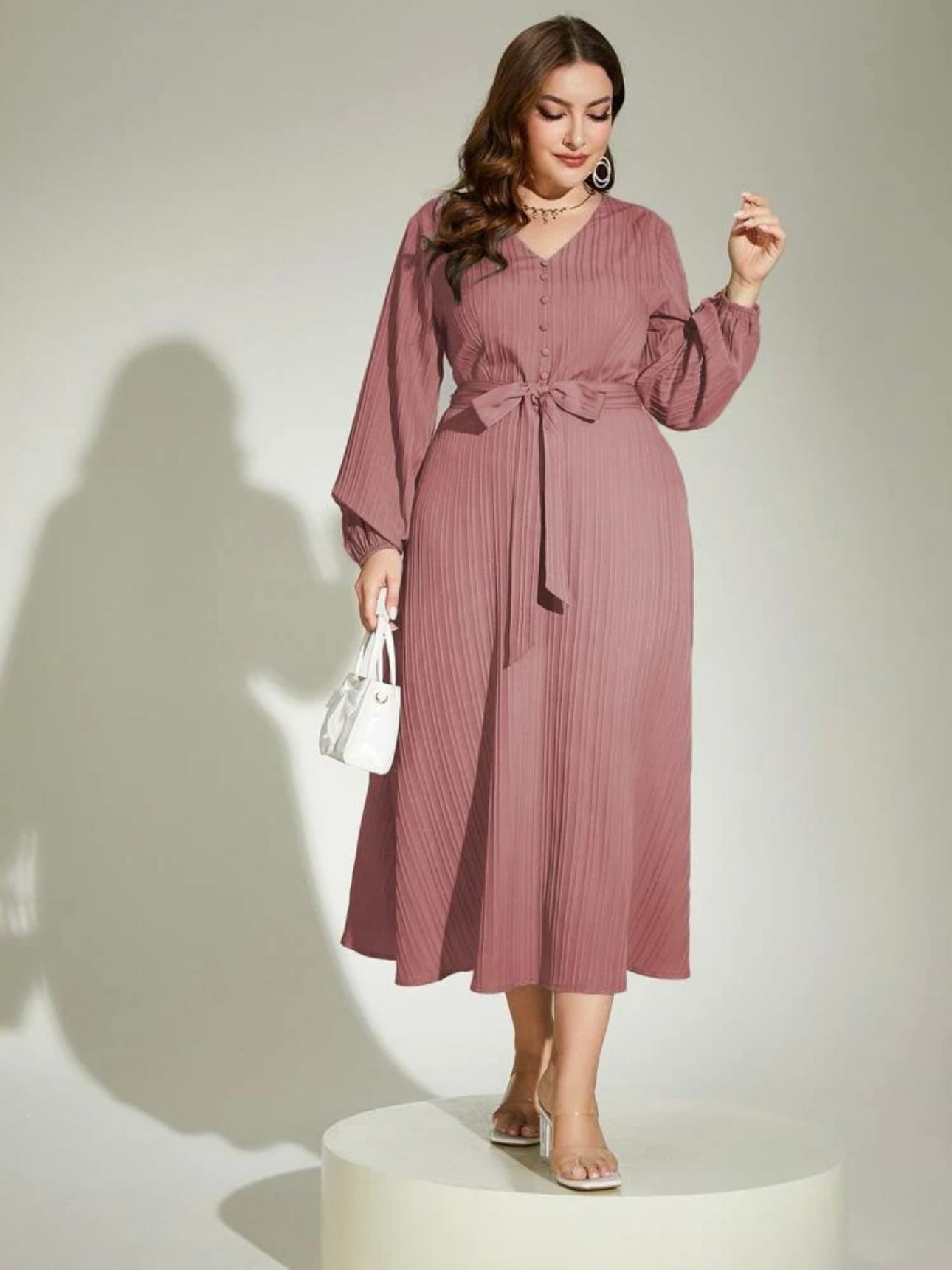 V-neck Long Sleeve Self Belt Front Buttons Plus Size Dress