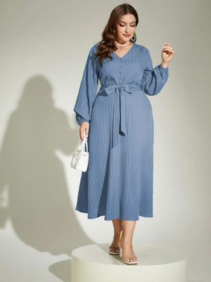 V-neck Long Sleeve Self Belt Front Buttons Plus Size Dress