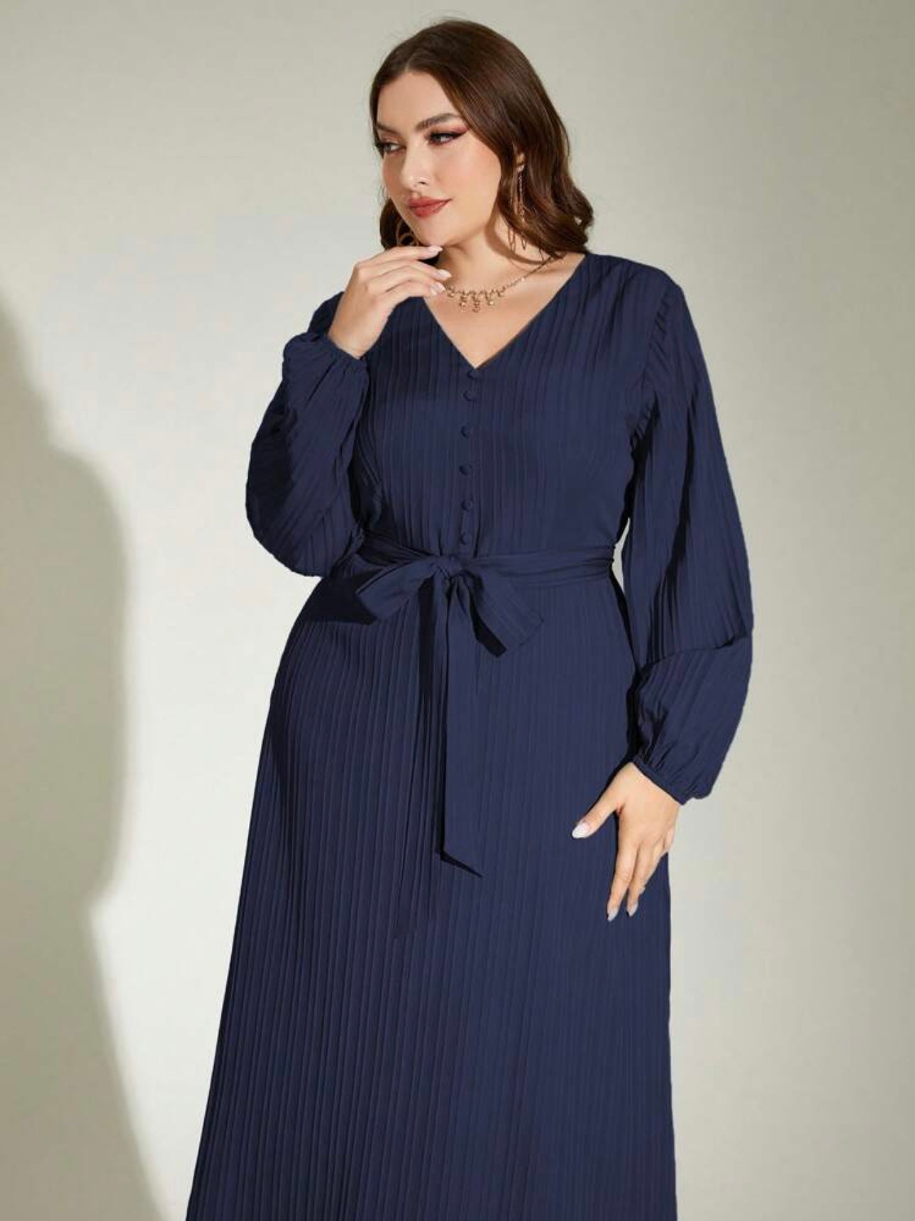 V-neck Long Sleeve Self Belt Front Buttons Plus Size Dress