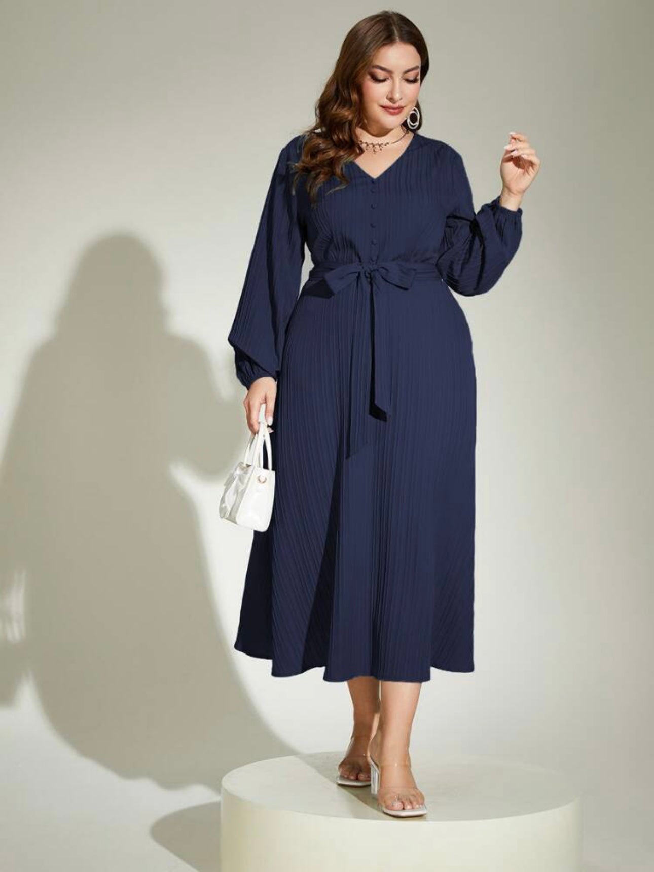 V-neck Long Sleeve Self Belt Front Buttons Plus Size Dress