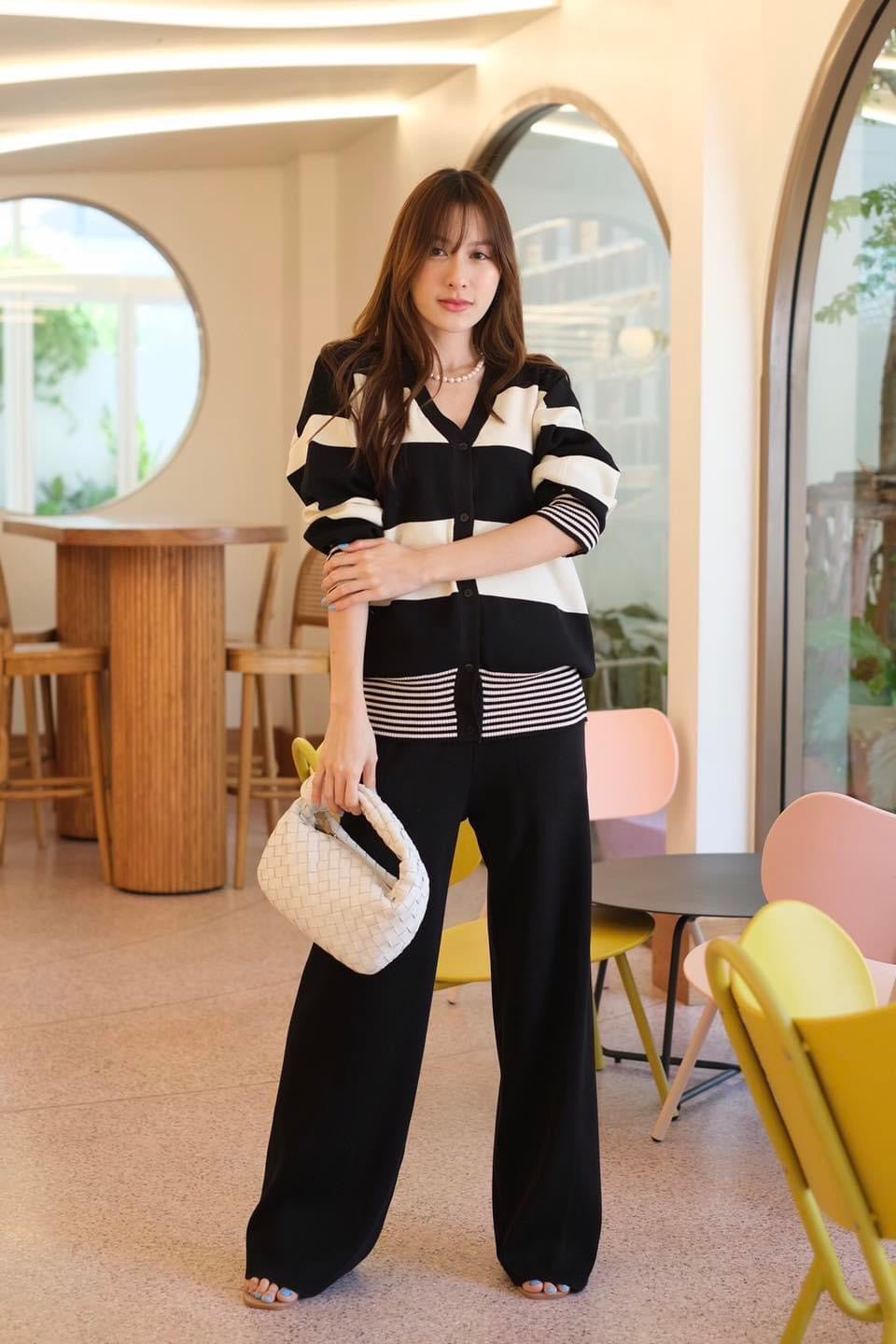 Stripe Button Down Long Sleeve V-neck Cardigan Top & Wide Leg Pants Oversize Knitted Terno Set Coords