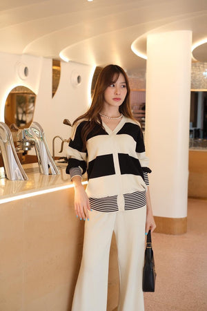 Stripe Button Down Long Sleeve V-neck Cardigan Top & Wide Leg Pants Oversize Knitted Terno Set Coords