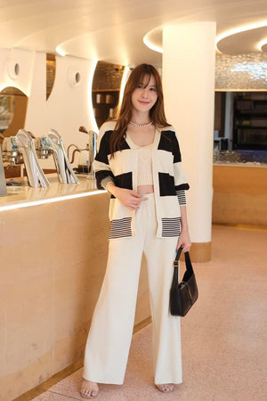 Stripe Button Down Long Sleeve V-neck Cardigan Top & Wide Leg Pants Oversize Knitted Terno Set Coords