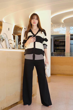 Stripe Button Down Long Sleeve V-neck Cardigan Top & Wide Leg Pants Oversize Knitted Terno Set Coords