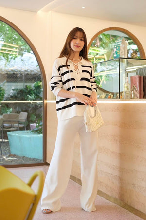 Eyelet Lace-up Collar Neck Stripe Long Sleeve Top & Garter Wide Leg Pants Oversize Knitted Terno Se