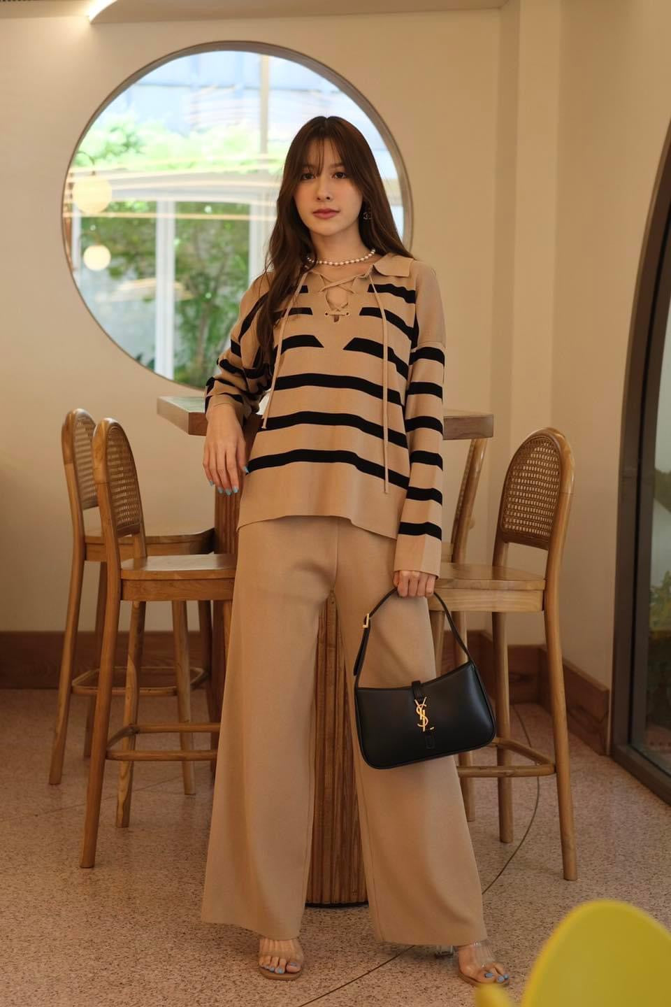 Eyelet Lace-up Collar Neck Stripe Long Sleeve Top & Garter Wide Leg Pants Oversize Knitted Terno Se