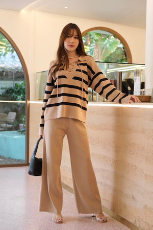 Eyelet Lace-up Collar Neck Stripe Long Sleeve Top & Garter Wide Leg Pants Oversize Knitted Terno Se