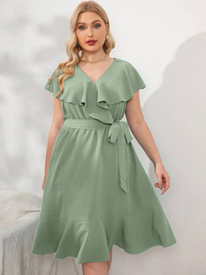 Cape Shoulder Ruffle Hem Self Belt Plus Size Dress