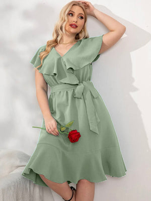 Cape Shoulder Ruffle Hem Self Belt Plus Size Dress