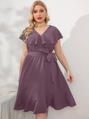 Cape Shoulder Ruffle Hem Self Belt Plus Size Dress