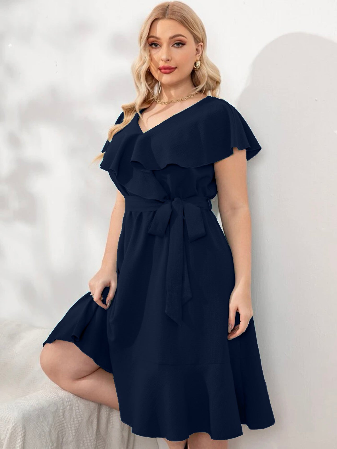 Cape Shoulder Ruffle Hem Self Belt Plus Size Dress