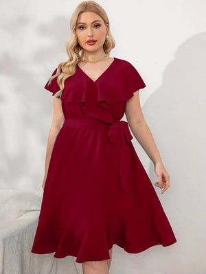 Cape Shoulder Ruffle Hem Self Belt Plus Size Dress