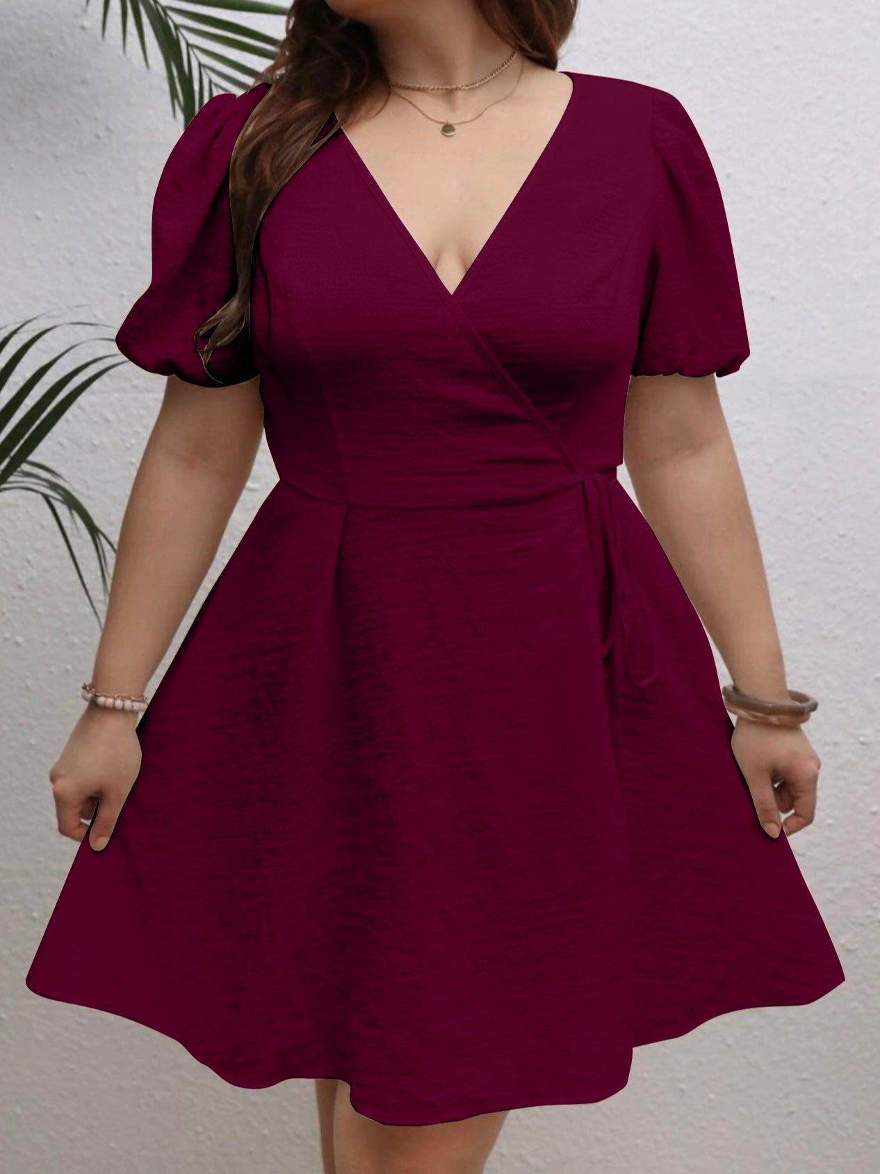 Elastic Sleeve Back Garter Plus Size Wrap Dress