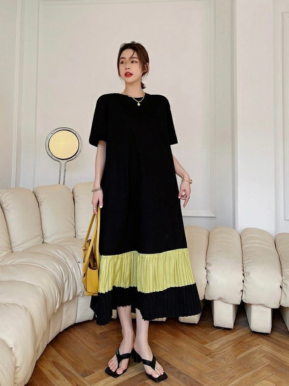 Korean Pleated Hem 2-tone Oversize Dress