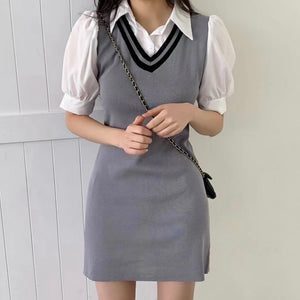 Polo Neck with Button False 2 in 1 Knitted Dress