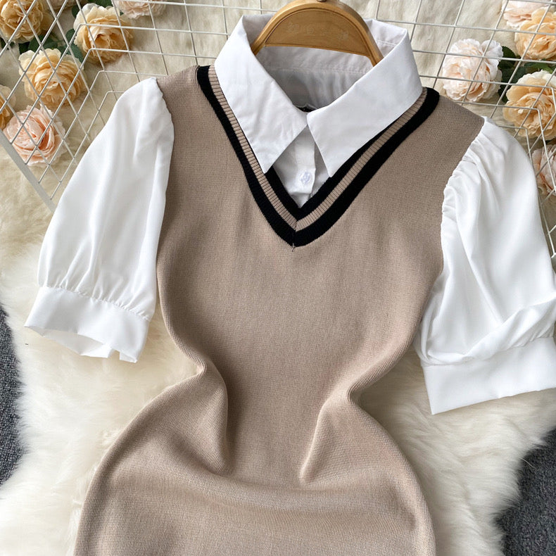 Polo Neck with Button False 2 in 1 Knitted Dress