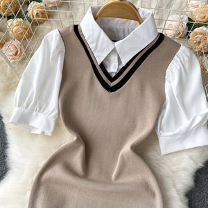 Polo Neck with Button False 2 in 1 Knitted Dress
