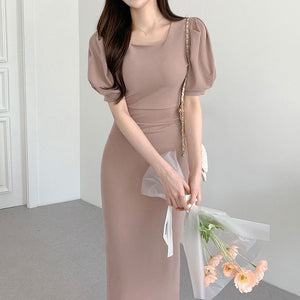 Square Neck Puff Sleeve Back Split Elegant Dress