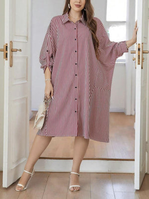 Belted Sleeve Button Down Polo Neck Stripe Patch Detail Plus Size Dress