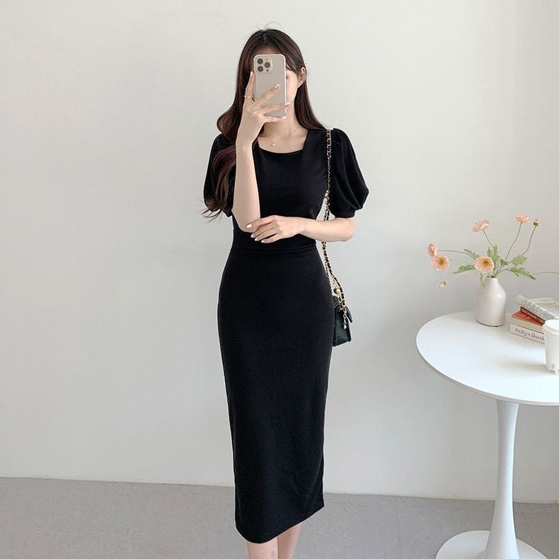 Square Neck Puff Sleeve Back Split Elegant Dress