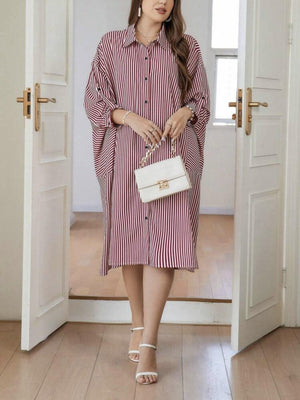 Belted Sleeve Button Down Polo Neck Stripe Patch Detail Plus Size Dress