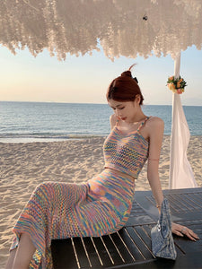 Rainbow Color Hollow-out Eyelet Knitted Cami Top & Skirt 2 in 1 Terno Set