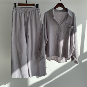 Button-up Long Sleeve Single Pocket Polo Shirt & Side Pocket Garter Pants 2 in 1 Coords Terno