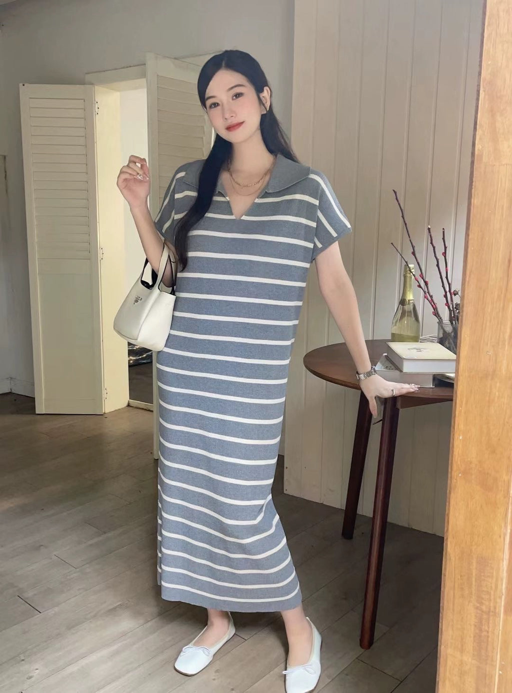 Collar Neck Stripe Short Sleeve Oversize Knitted Dress