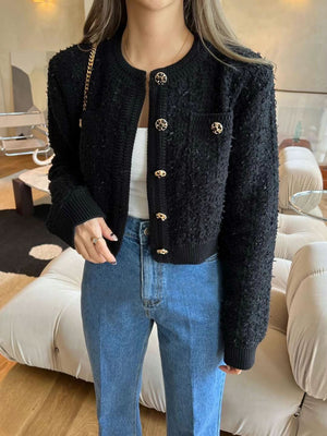 Button Down Side Pocket Long Sleeve Tweed Woolen Knitted Cardigan Top