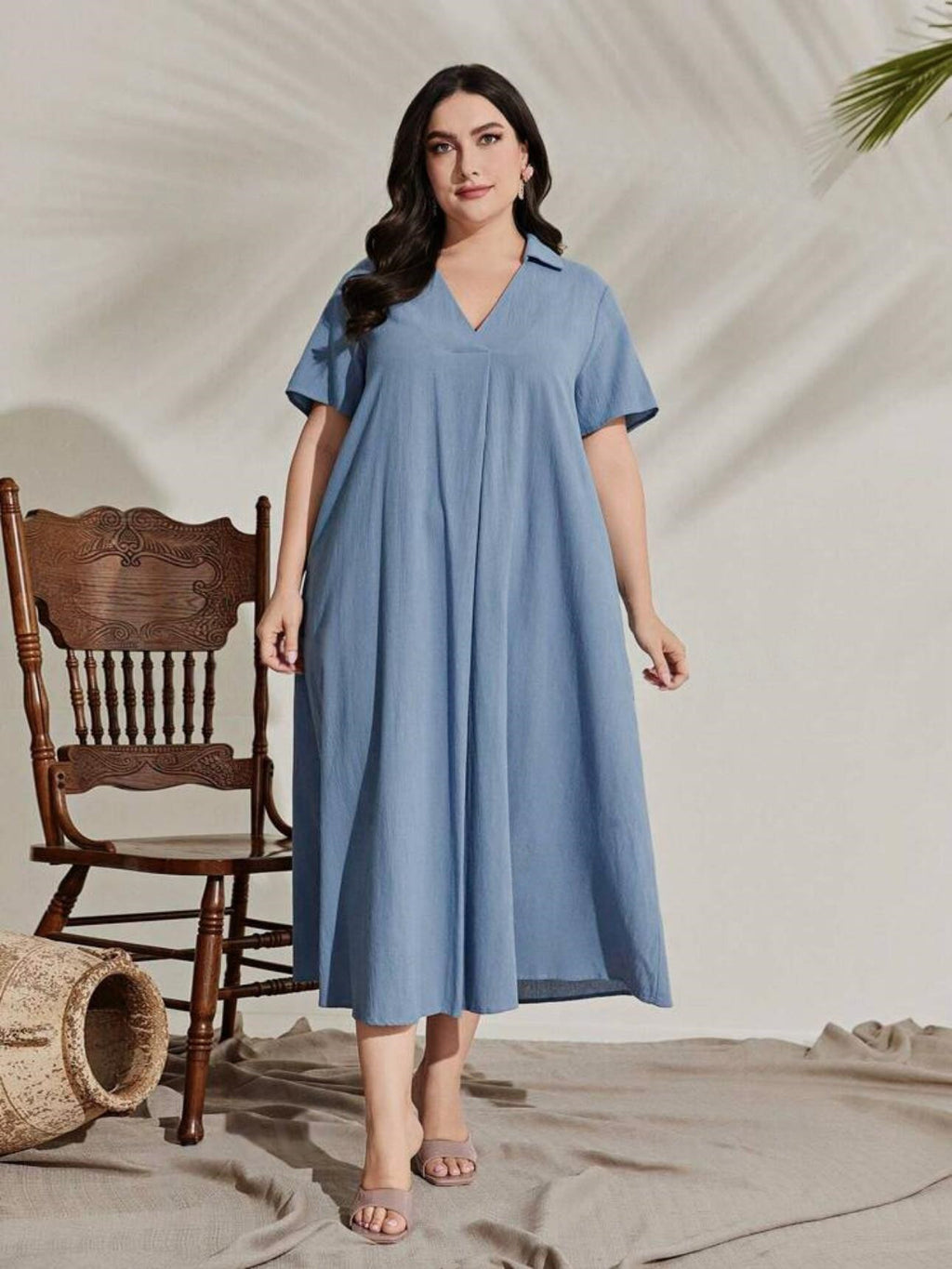 Collar Neck Solid Plus Size Dress