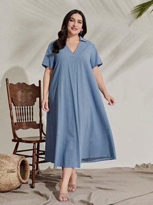 Collar Neck Solid Plus Size Dress