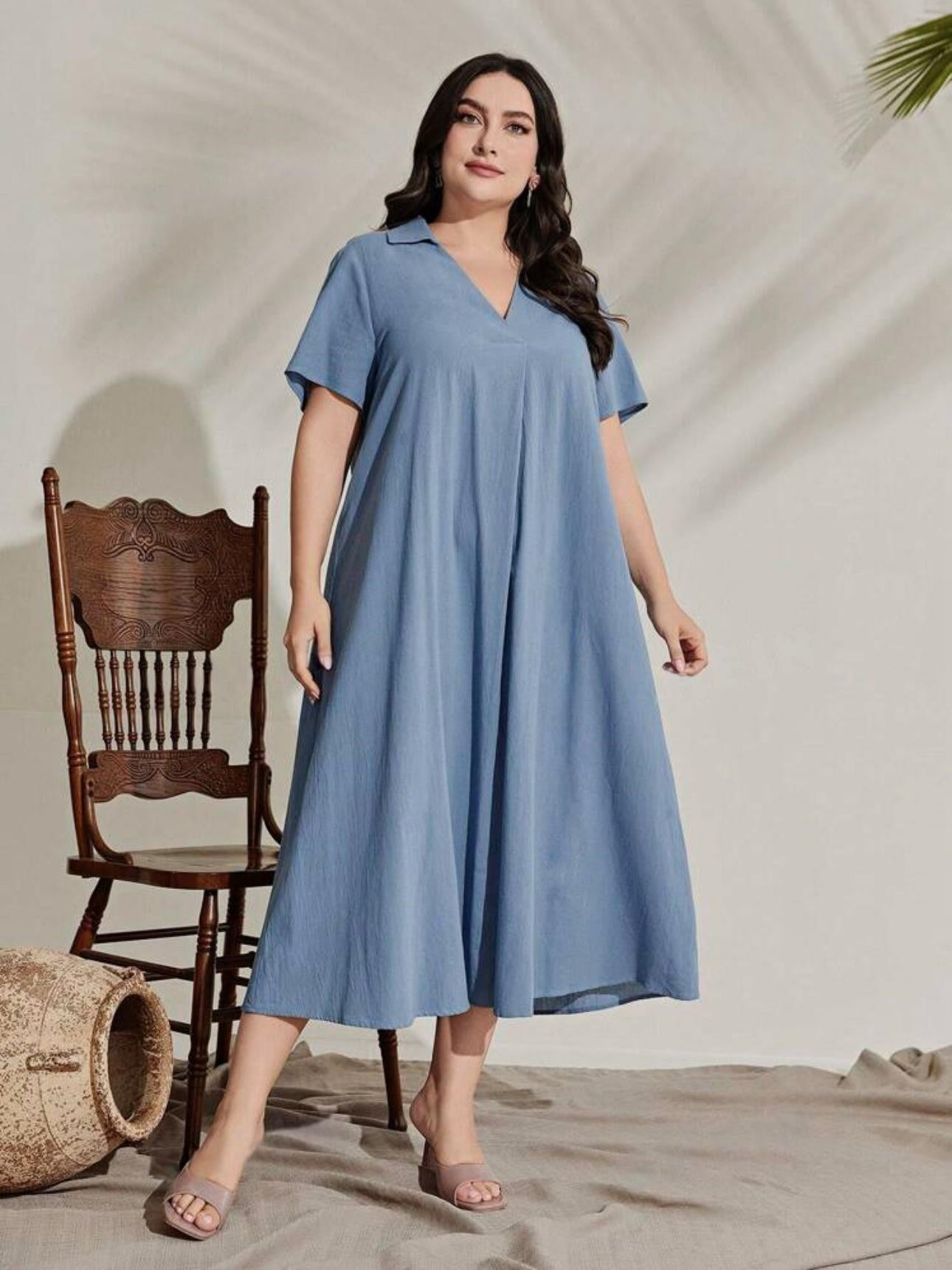 Collar Neck Solid Plus Size Dress