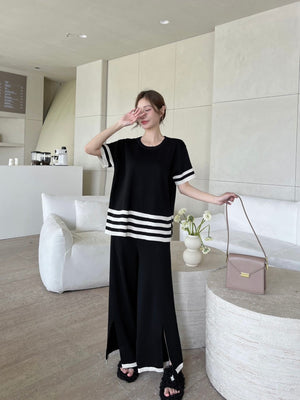 Stripe Detail Side Slit Top & Loose Side Slit Pants Oversize Knitted Terno Set Coords