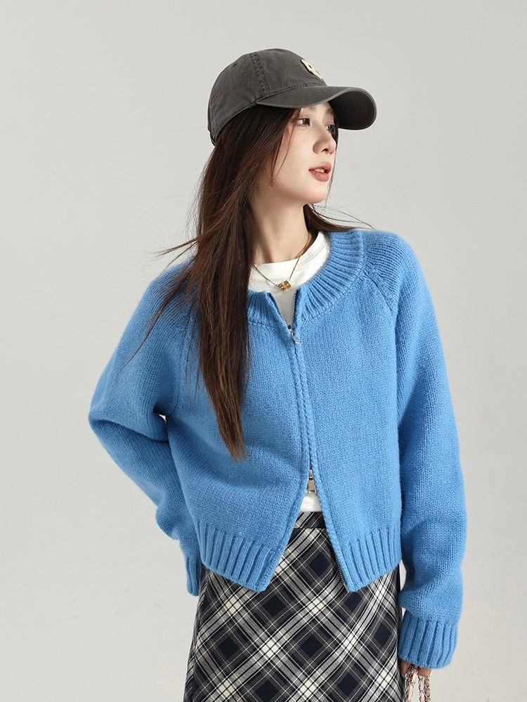 Zipper-up Woolen Knitted Solid Color Long Sleeve Cardigan Top