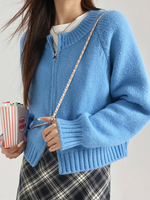 Zipper-up Woolen Knitted Solid Color Long Sleeve Cardigan Top