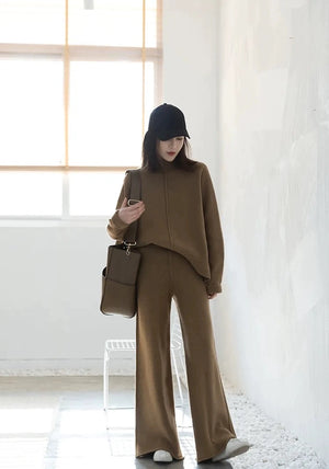 Turtle Neck Long Sleeve High Low Hem Top & Wide Leg Garter Pants Terno Set Coords