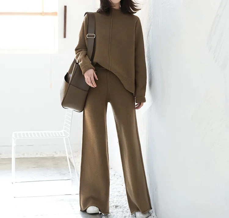 Turtle Neck Long Sleeve High Low Hem Top & Wide Leg Garter Pants Terno Set Coords