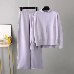 Turtle Neck Long Sleeve High Low Hem Top & Wide Leg Garter Pants Terno Set Coords