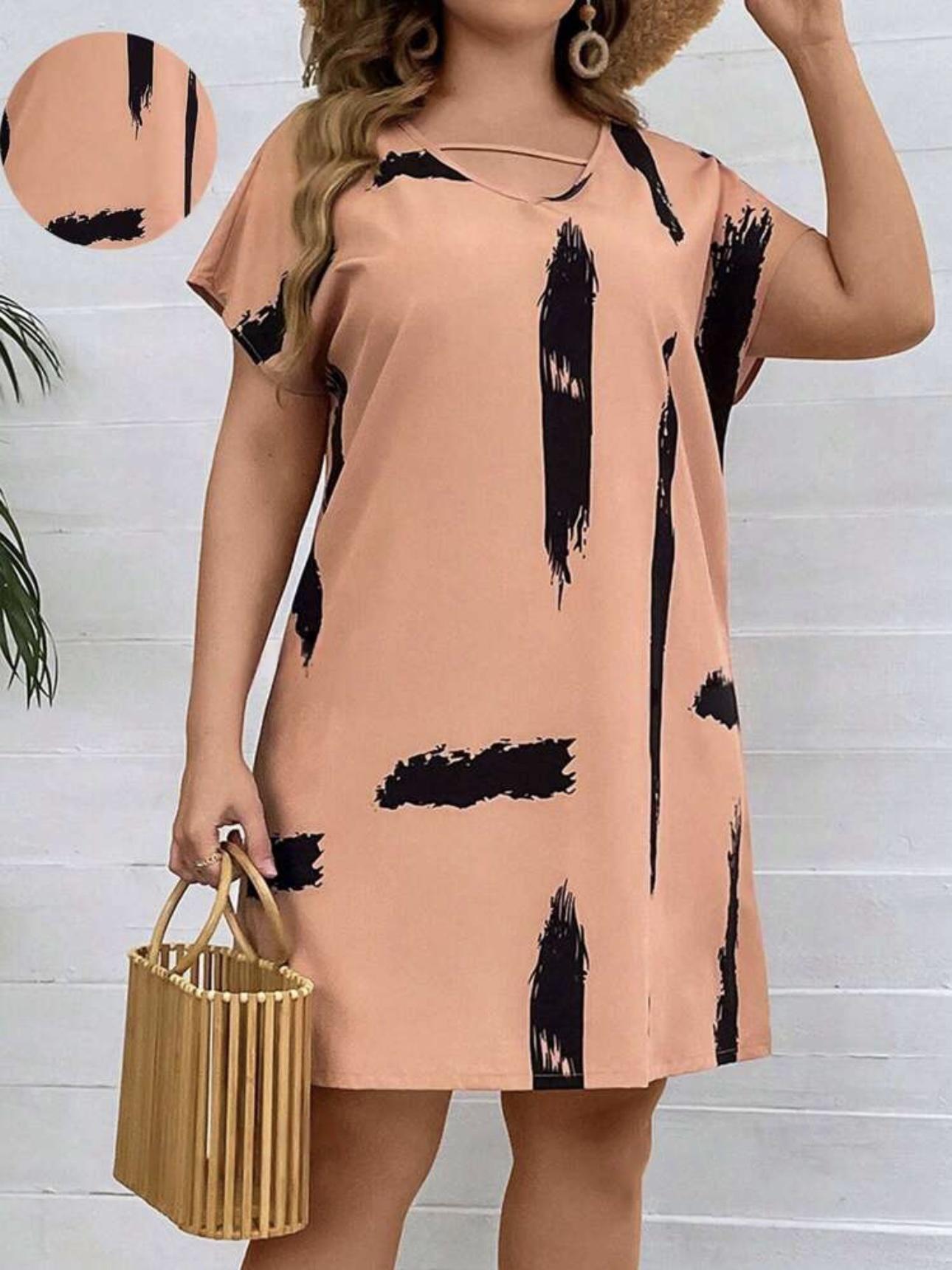 Splash Pattern Batwing Sleeve V-neck Plus Size Dress