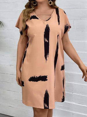 Splash Pattern Batwing Sleeve V-neck Plus Size Dress