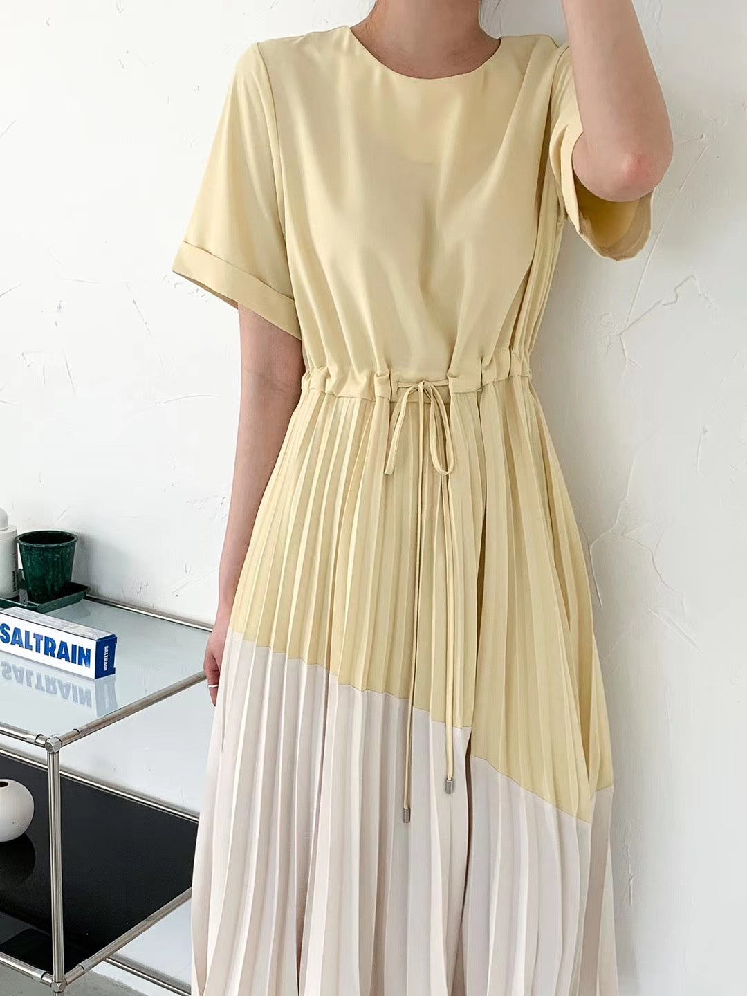 Two Tone Single Button Back Drawstring Pleated Dress