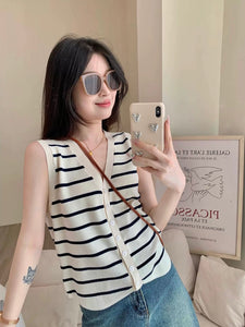 Stripe Button Down Uneven Hemline Knitted Vest Top