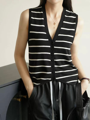 Stripe Button Down Uneven Hemline Knitted Vest Top