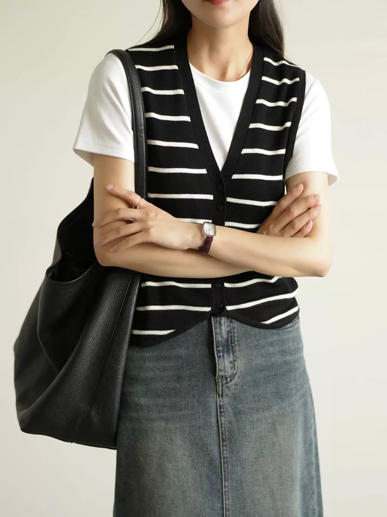 Stripe Button Down Uneven Hemline Knitted Vest Top