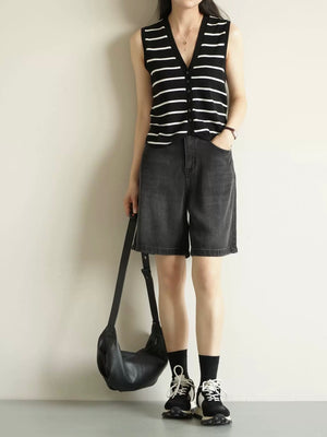 Stripe Button Down Uneven Hemline Knitted Vest Top