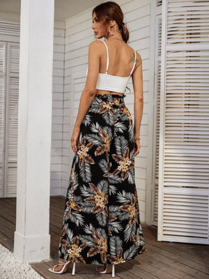 Self Belt Garter Side Slit Plant Print Summer Beach Pants